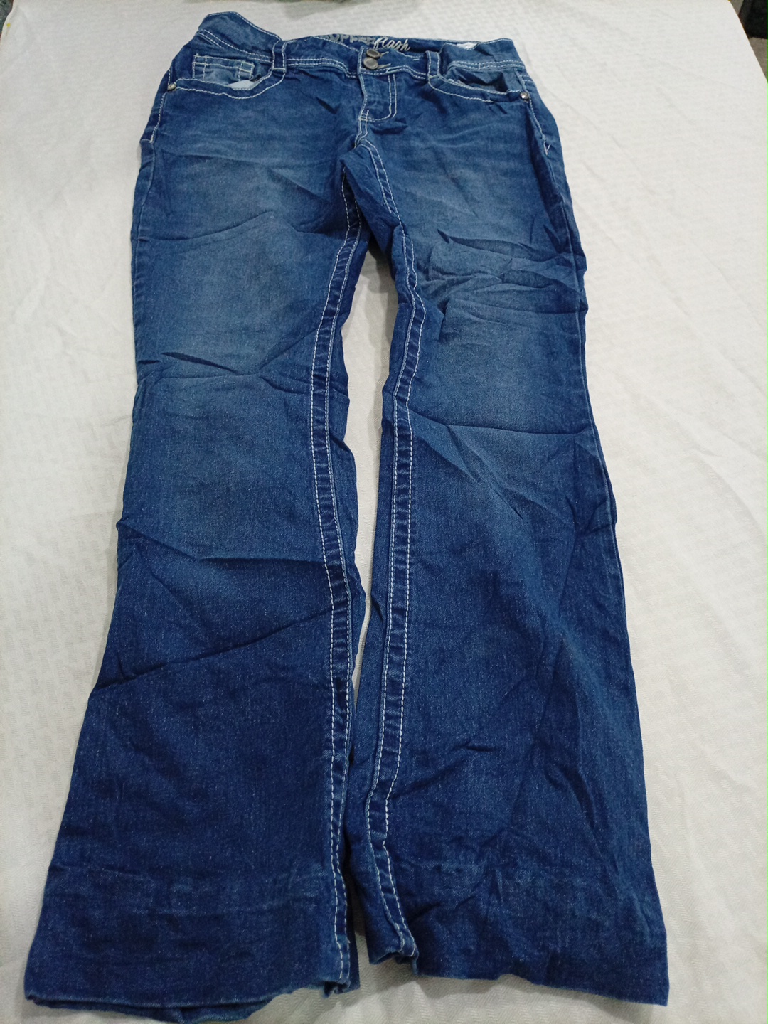 Copper Flared Mid-Wash Denim Jeans with Rhinestone..