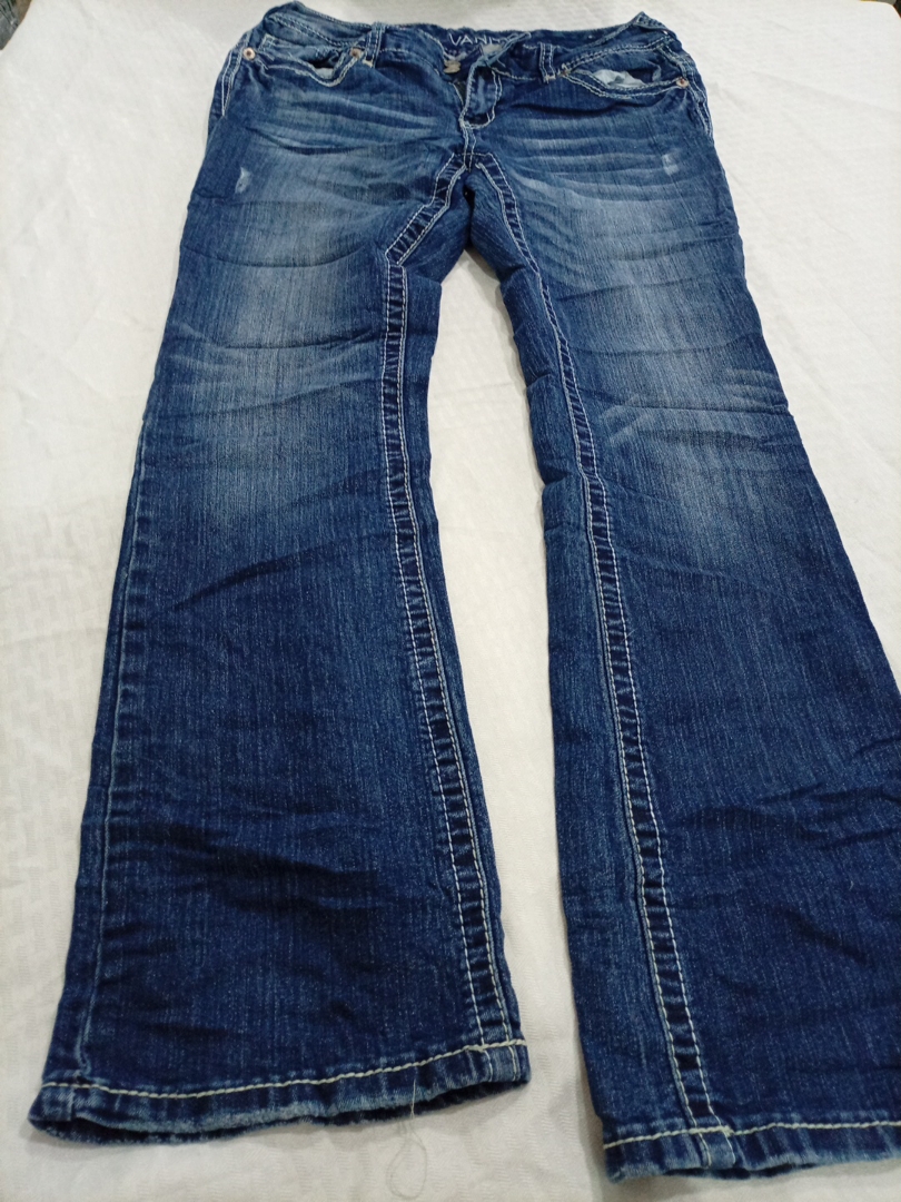 Vanity Distressed Bootcut Denim Jeans in Dark Wash