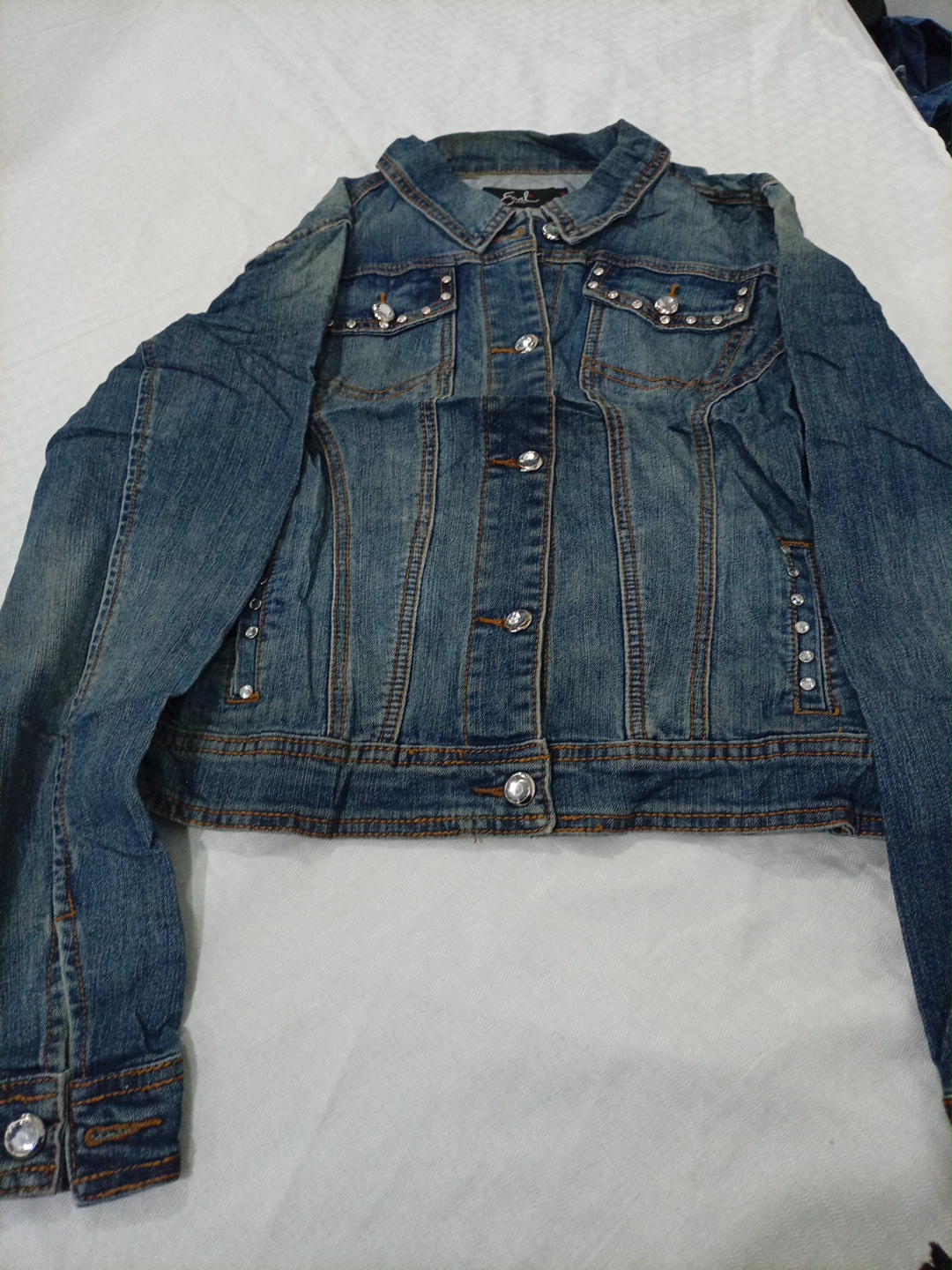 Embellished Light Wash Denim Jacket with Rhineston..
