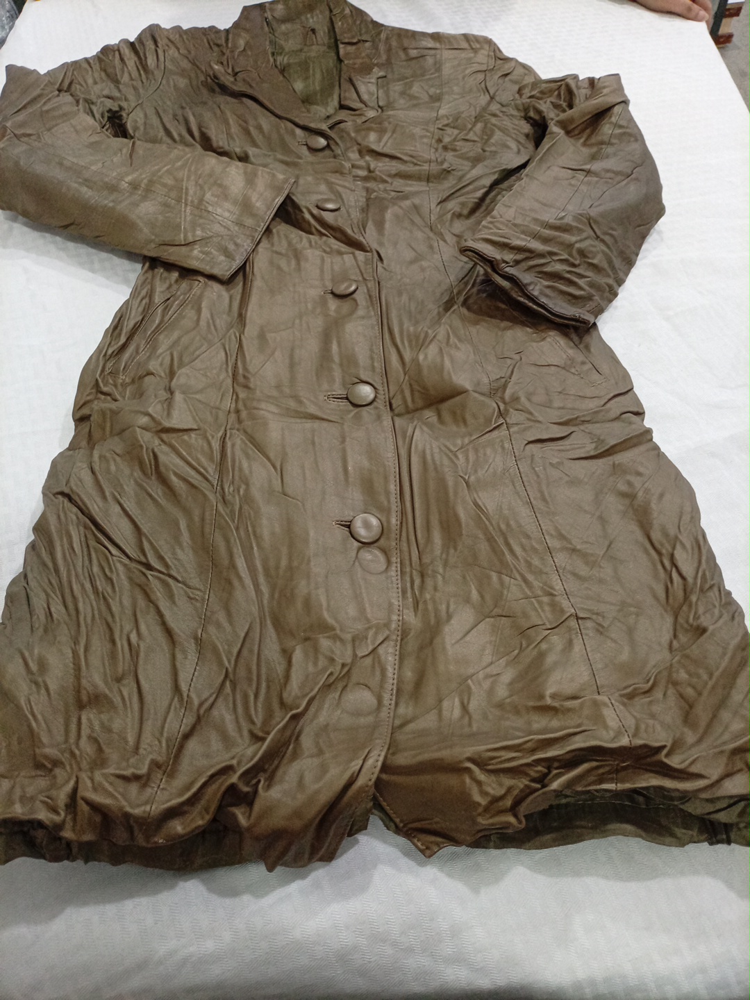 Vintage Brown Faux Leather Trench Coat with Button..