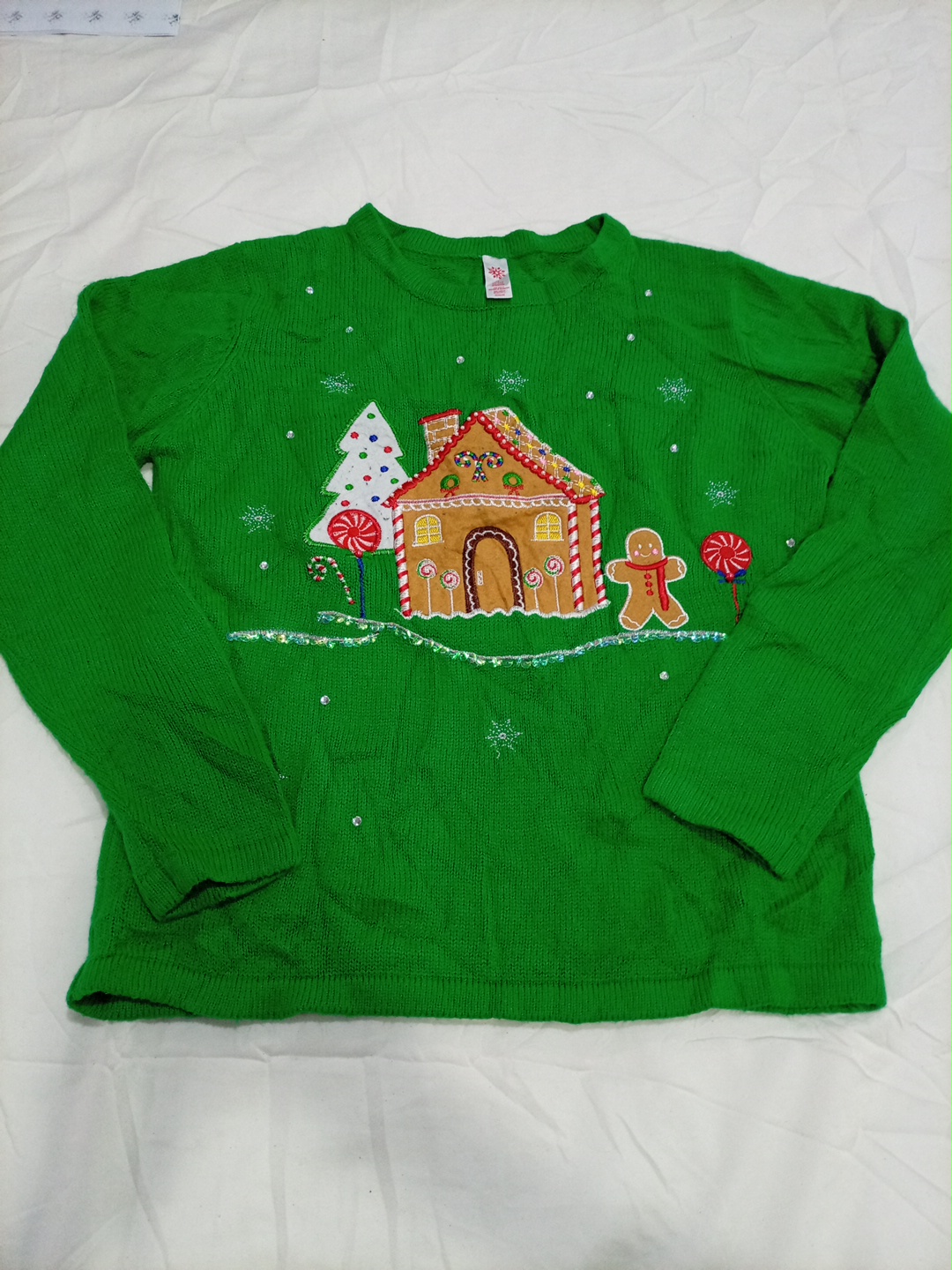 グリーン ロングスリーブ キッズ クリスマス ジンジャーブレッドハウス グラフィック Tシャツ サイ..