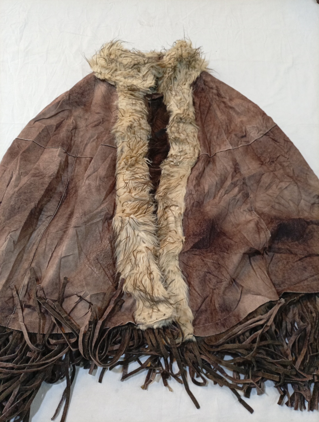 Brown Leather Fringed Cape with Fur Trim