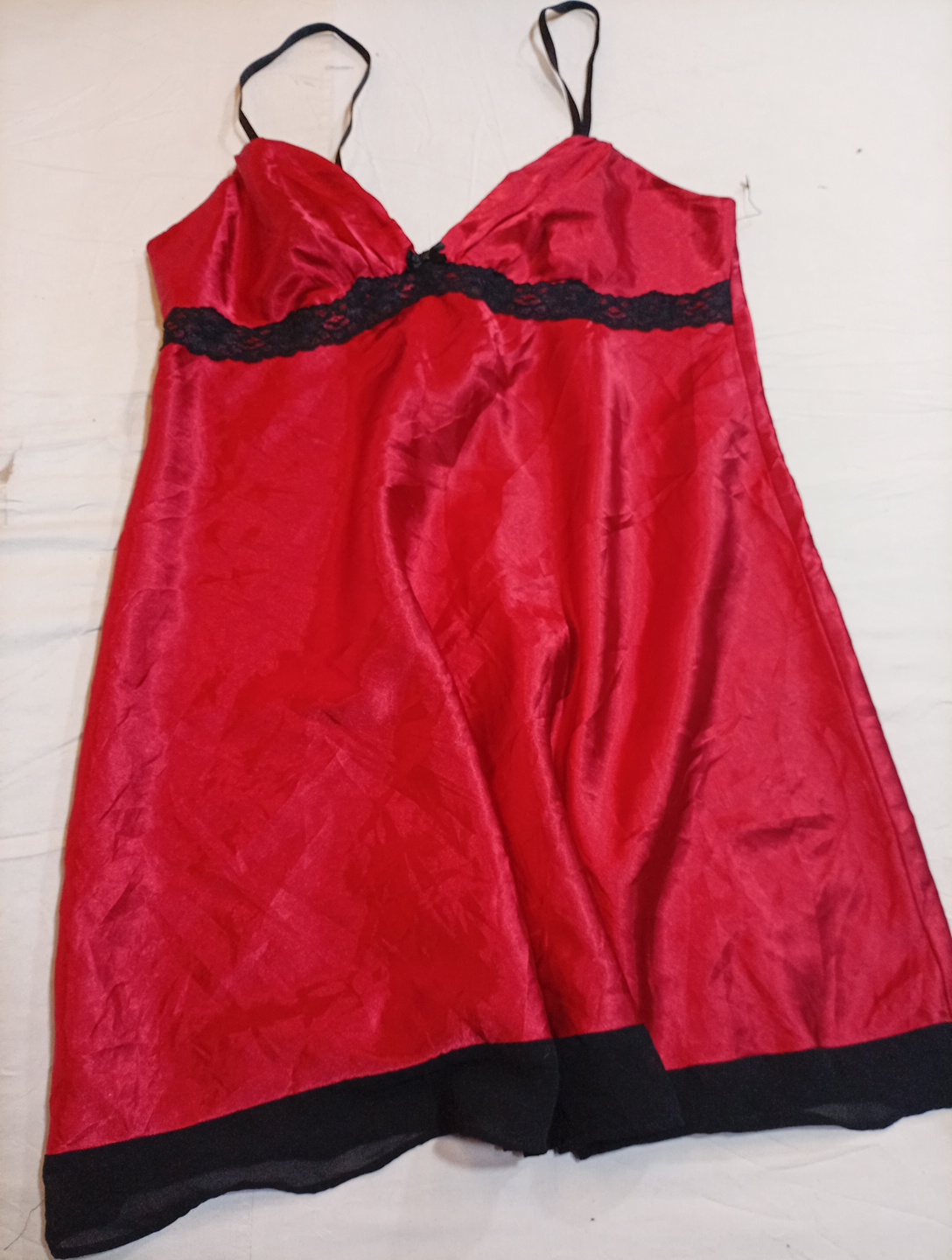 Red Satin Chemise with Black Lace and Trim