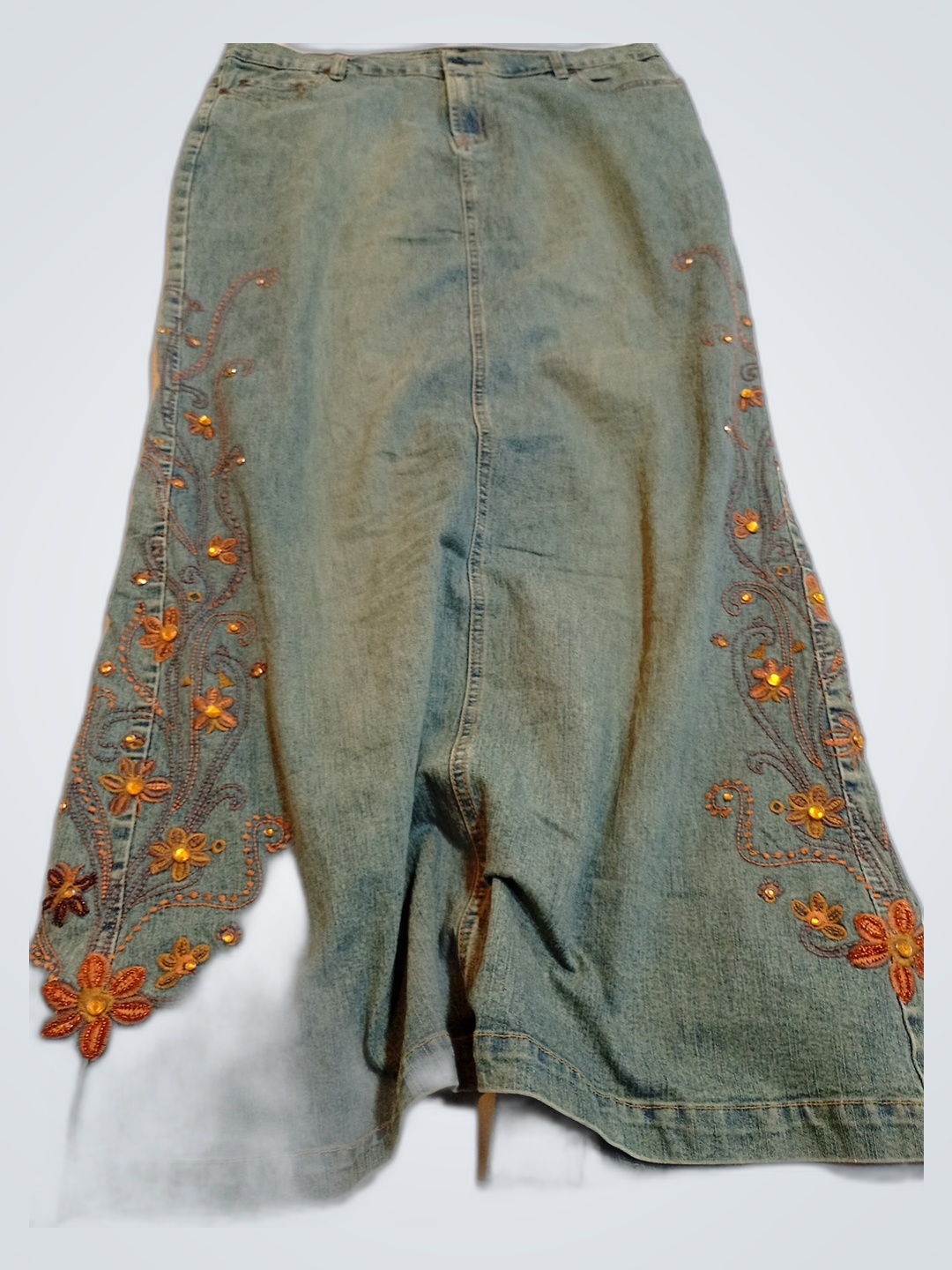 Denim Skirt with Floral Embroidery