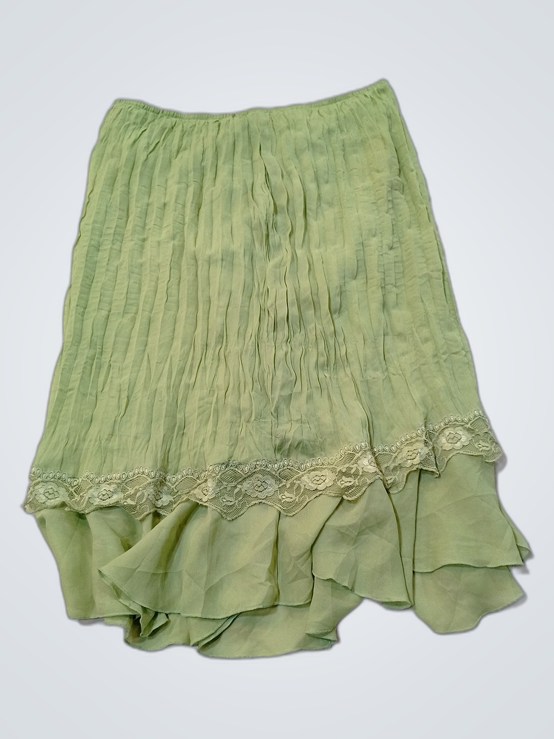 Green Pleated Skirt with Lace Trim