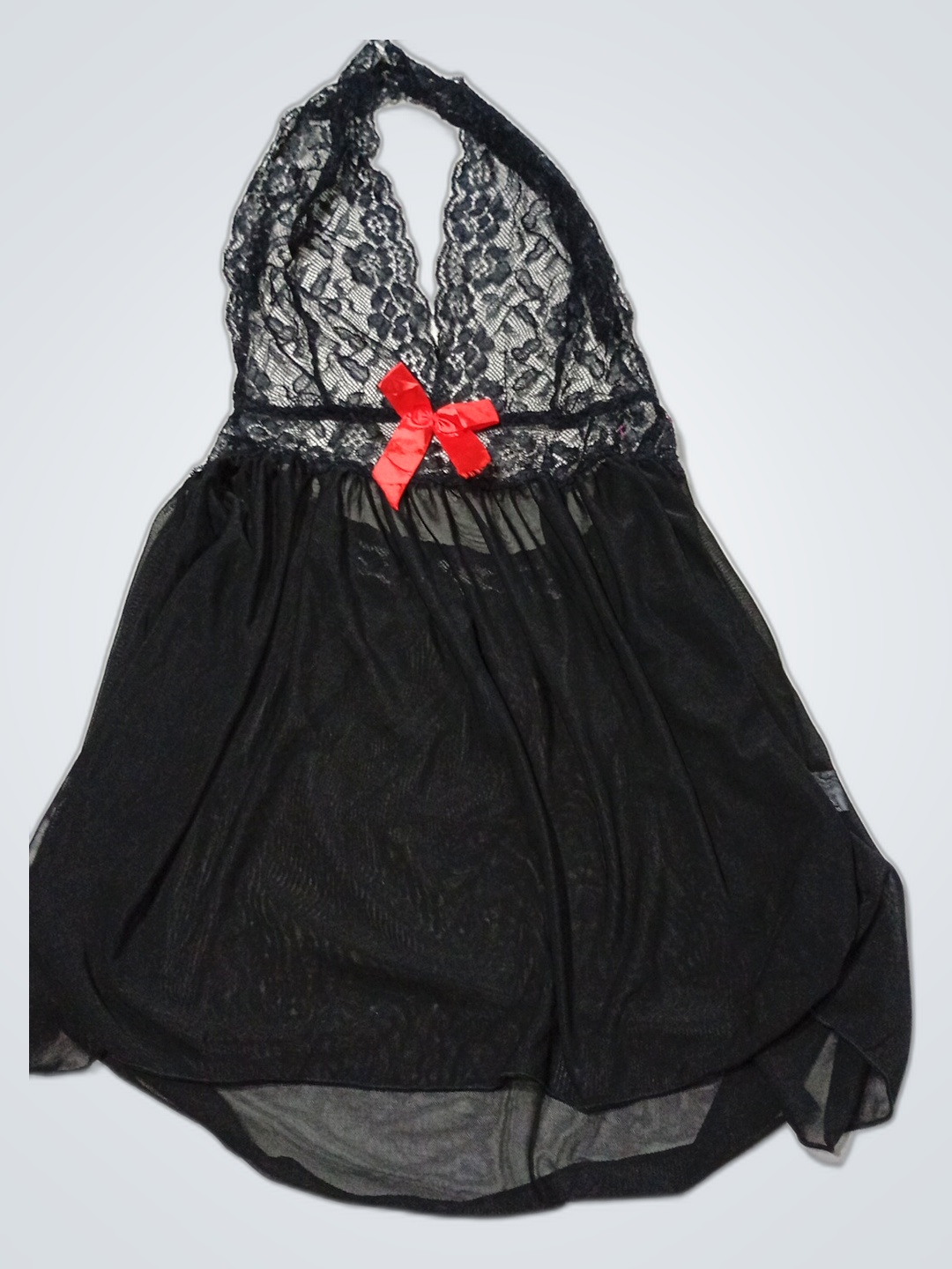 Black Lace Chemise with Red Bow
