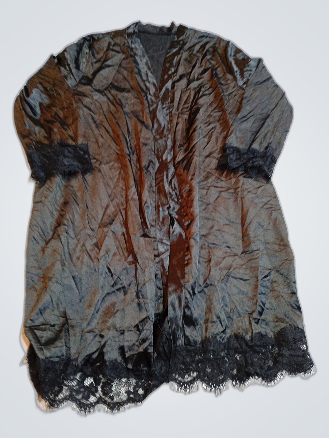 Crumpled Black Kimono with Lace Trim
