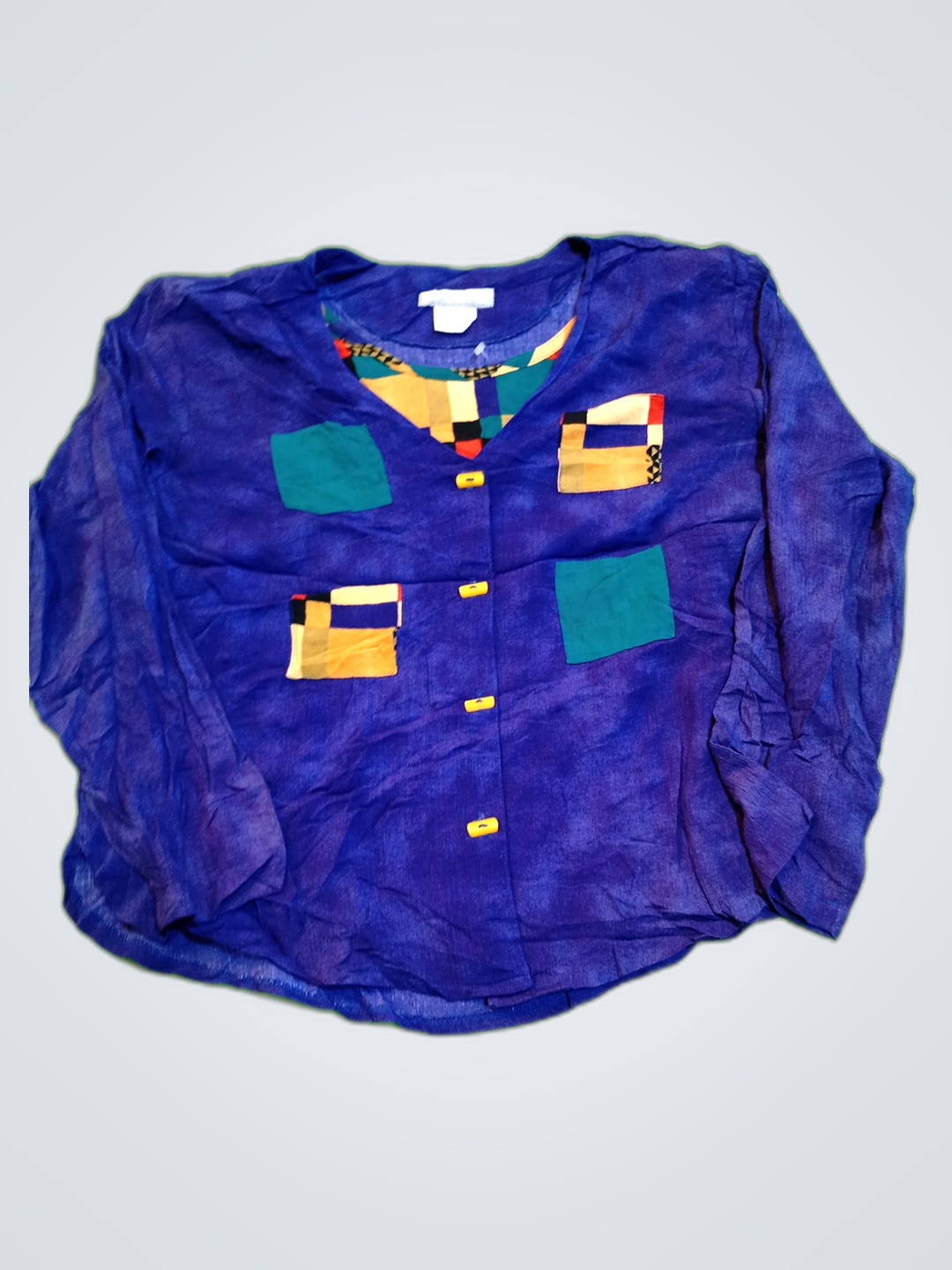 Blue Long-Sleeve Shirt with Colorful Pockets