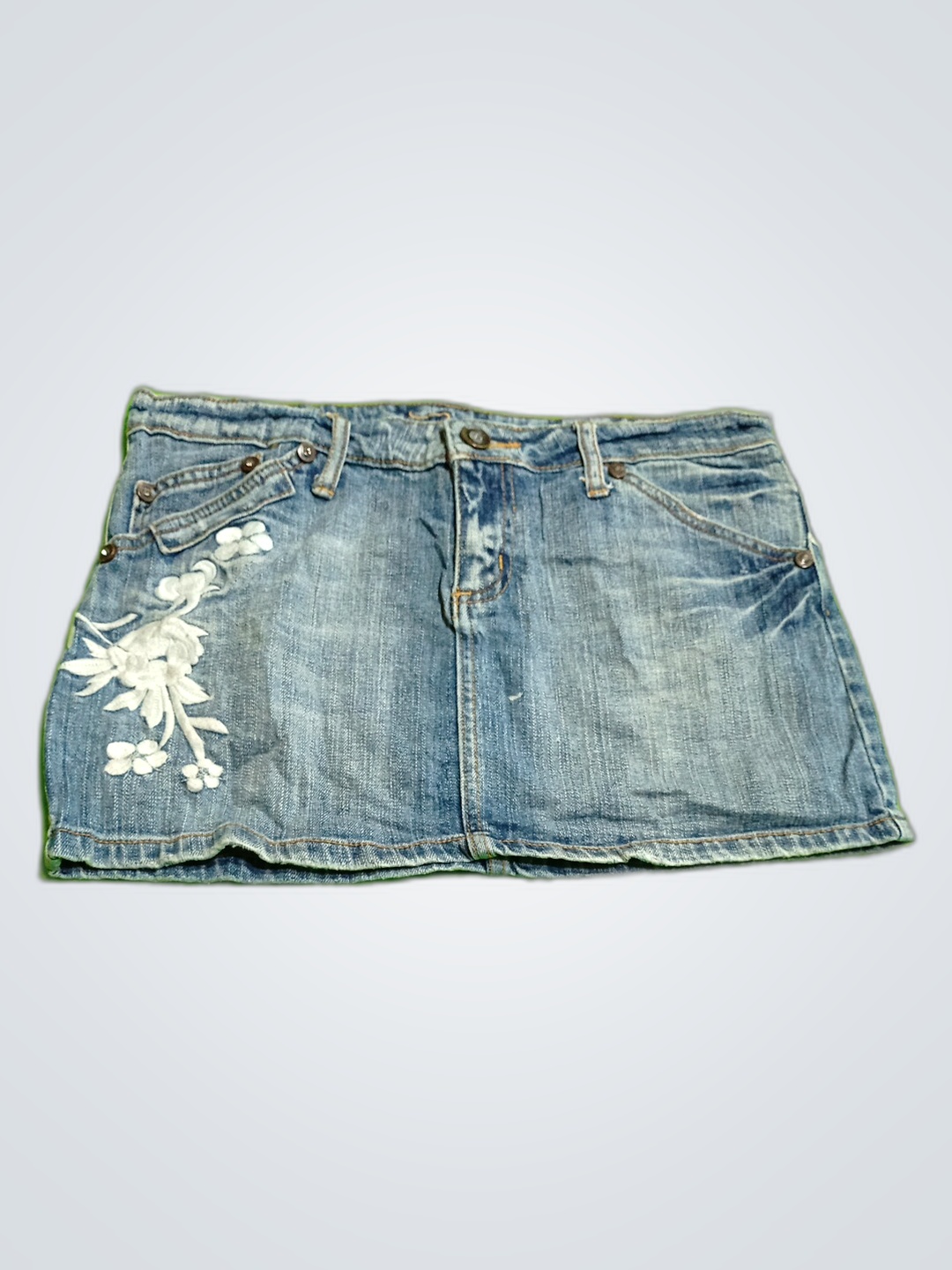 Denim Skirt with White Floral Embroidery