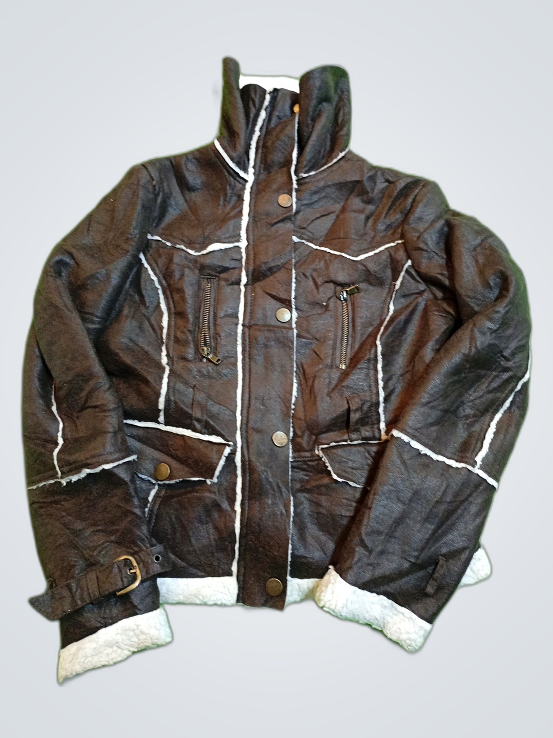 Brown Leather Jacket with White Trim