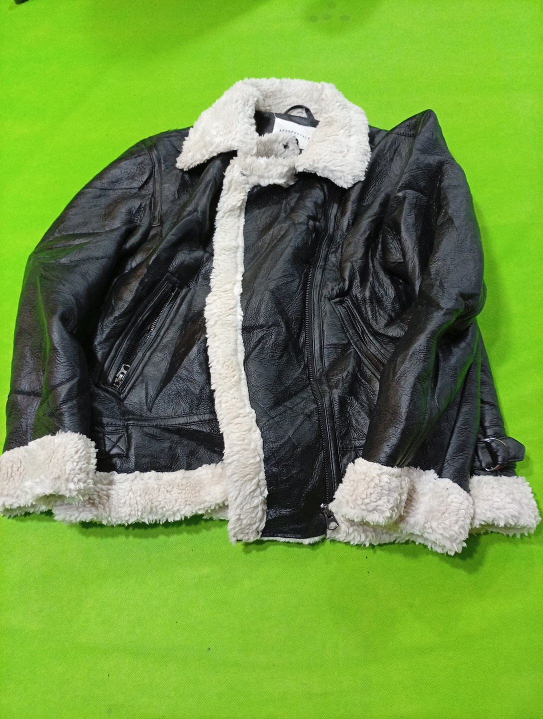 AEROPOSTALE Black Leather Jacket with White Fur Tr..