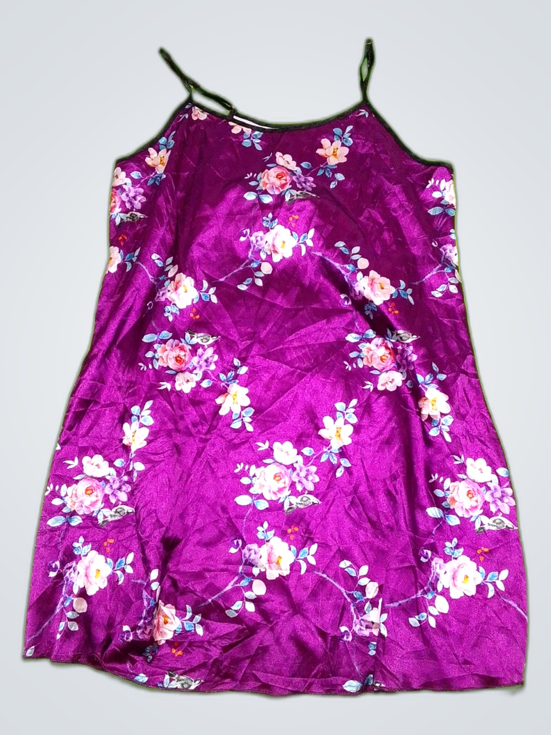 パープルフローラルサテンスリップドレス