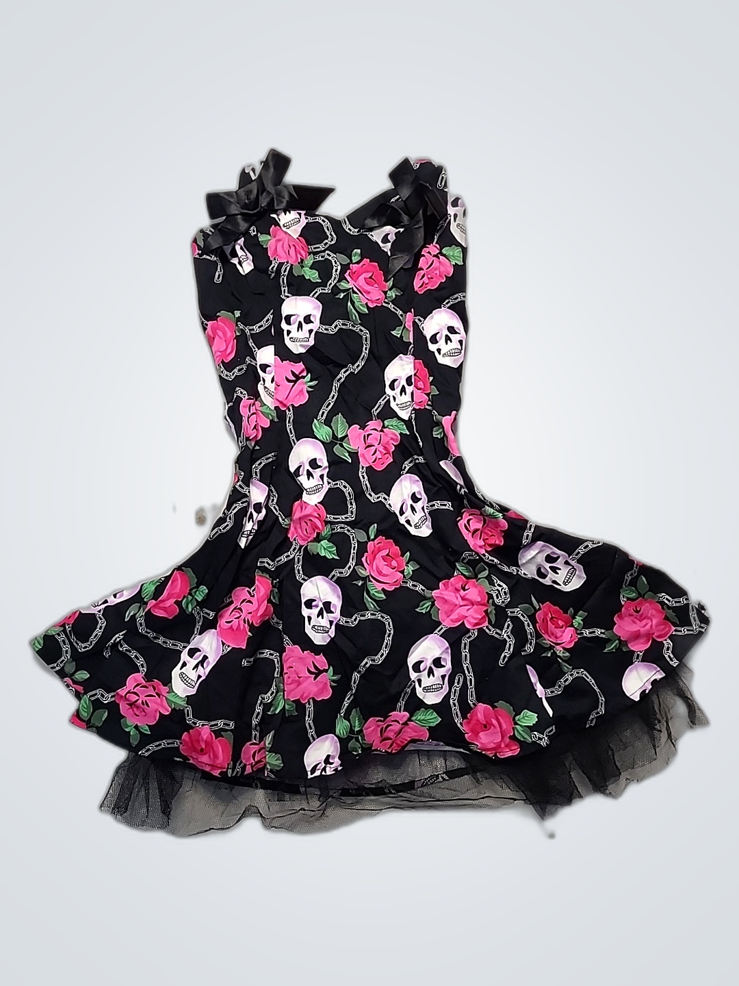 Girl's Black Dress with Skull and Rose Pattern