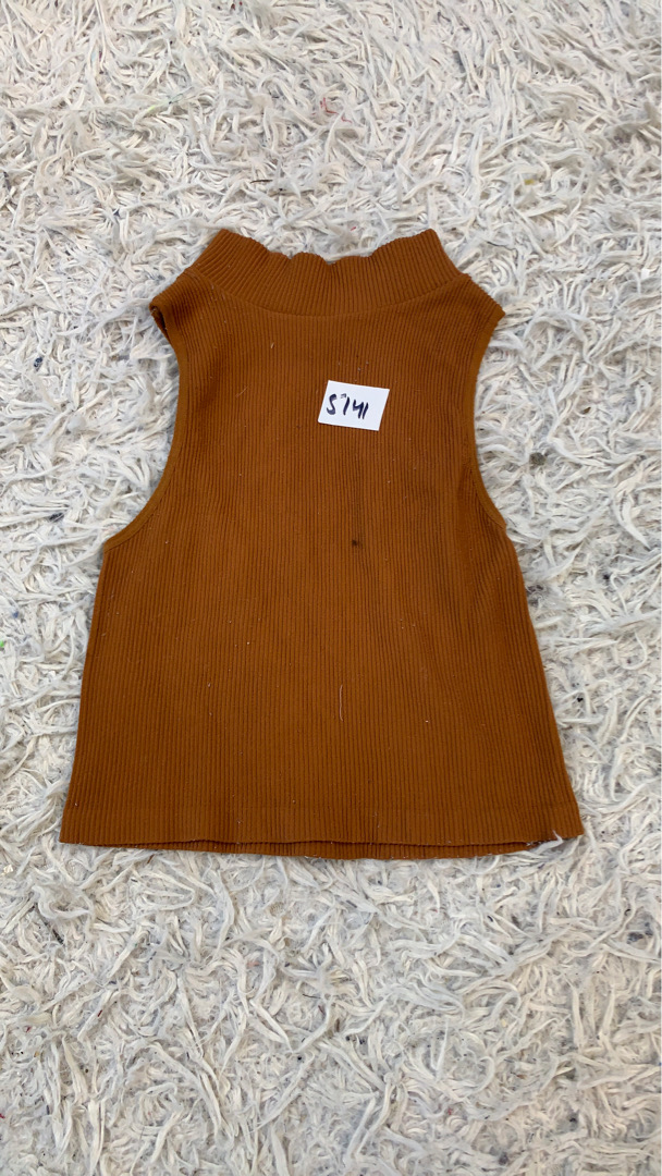 by-together Brown Ribbed Mock Neck Sleeveless Top