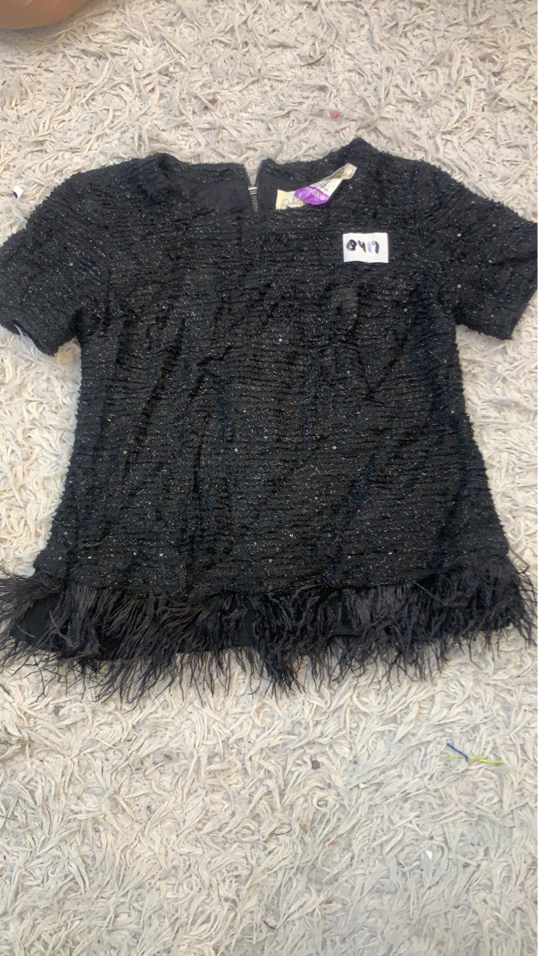 Black Textured Top with Feather Trim
