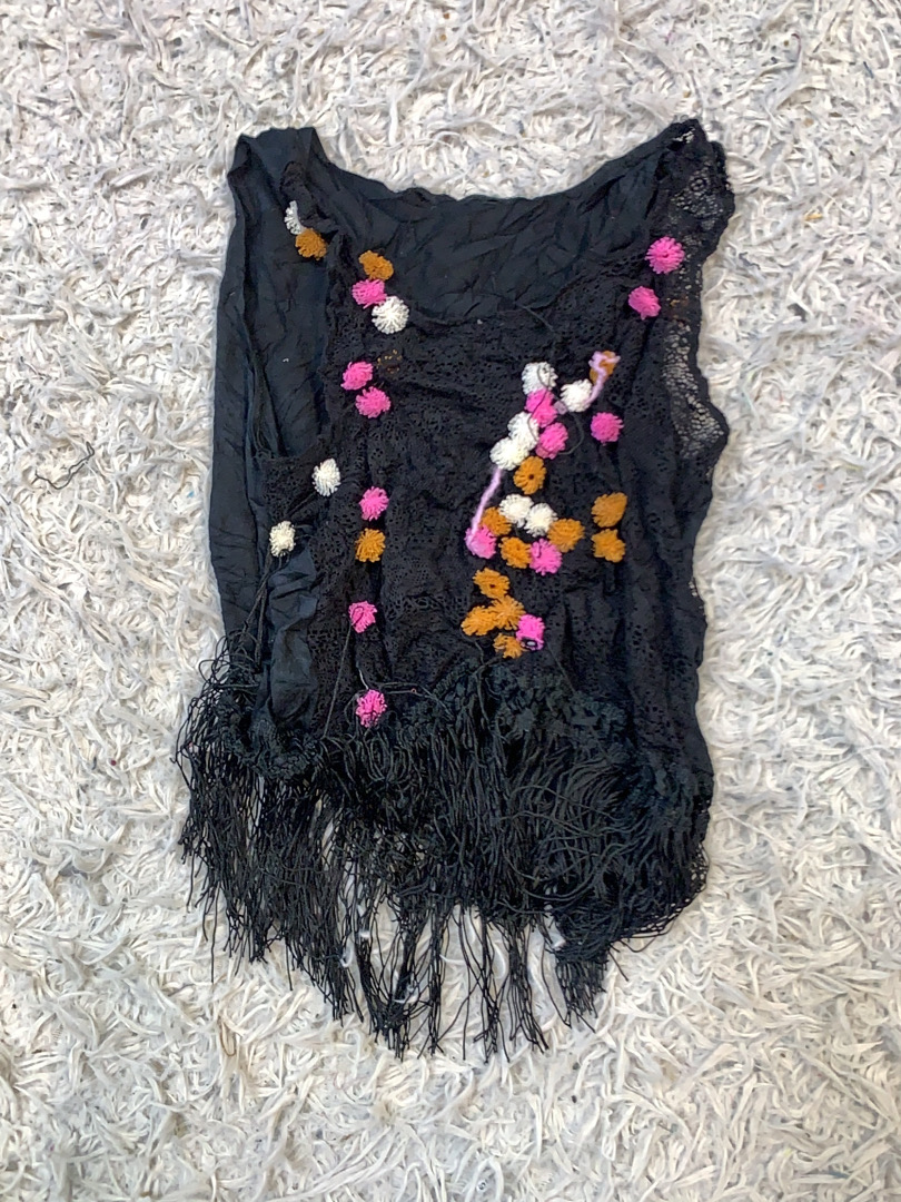 Black Fringed Top with Floral Embroidery