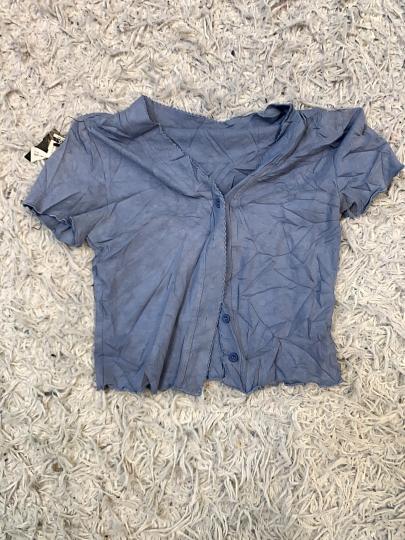 Neue Damen Blau Kurzarm Button-Down-Bluse