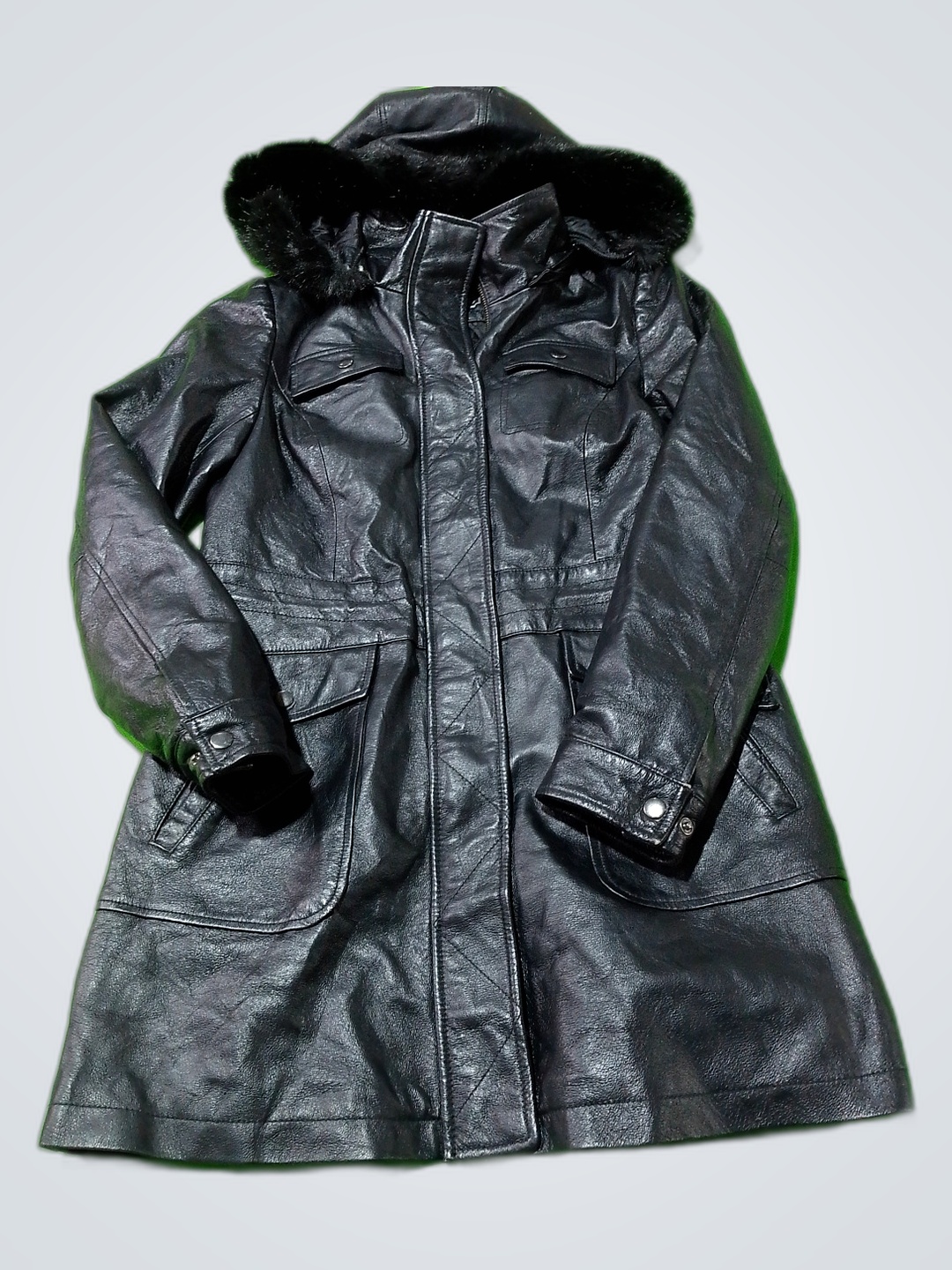 Black Leather Coat with Fur-Lined Hood