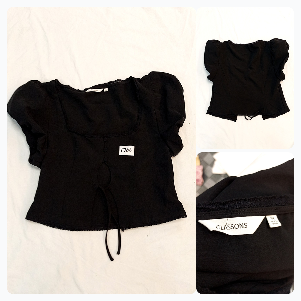 Black Puff Sleeve Tie-Front Top