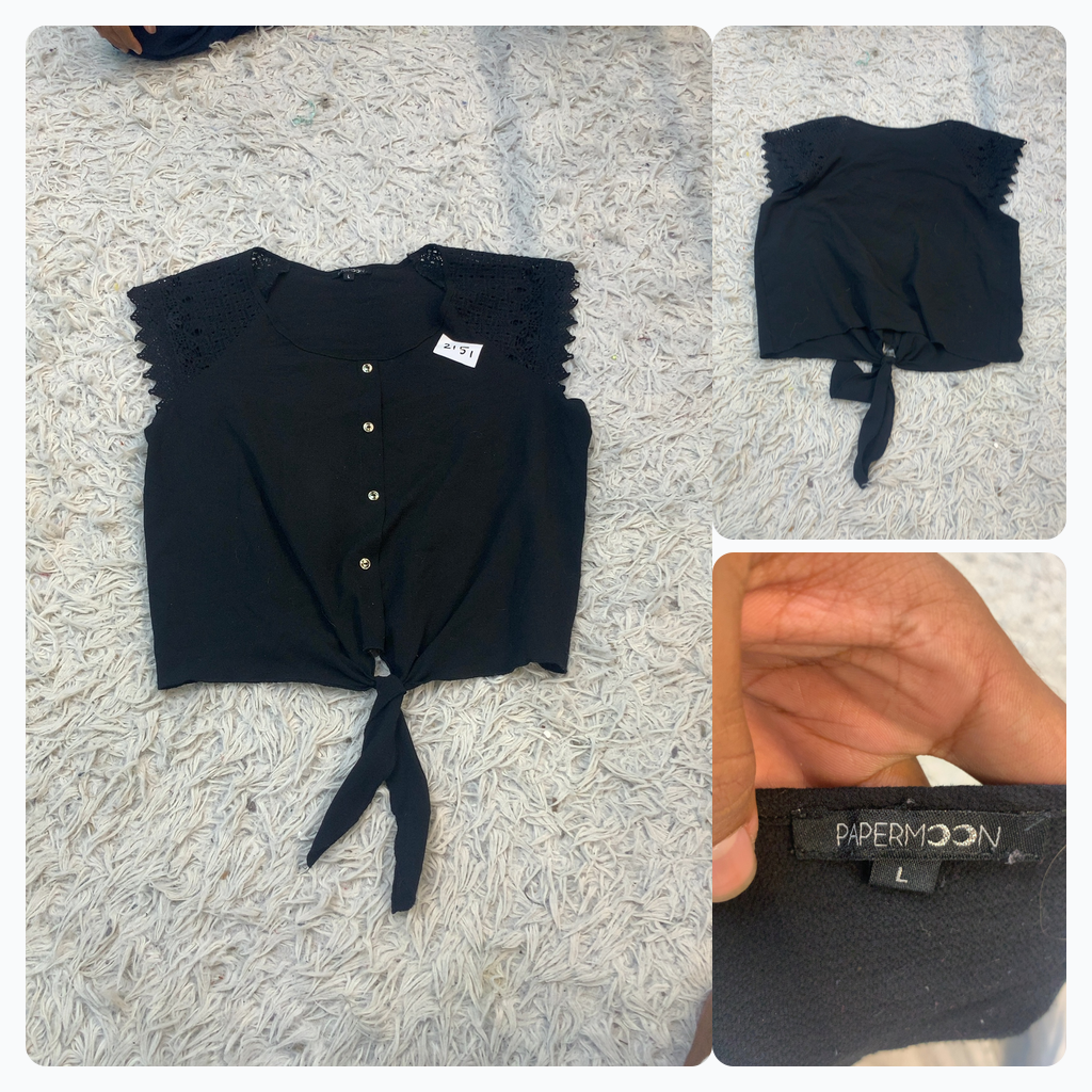 Black Tie-Front Top with Crochet Detail