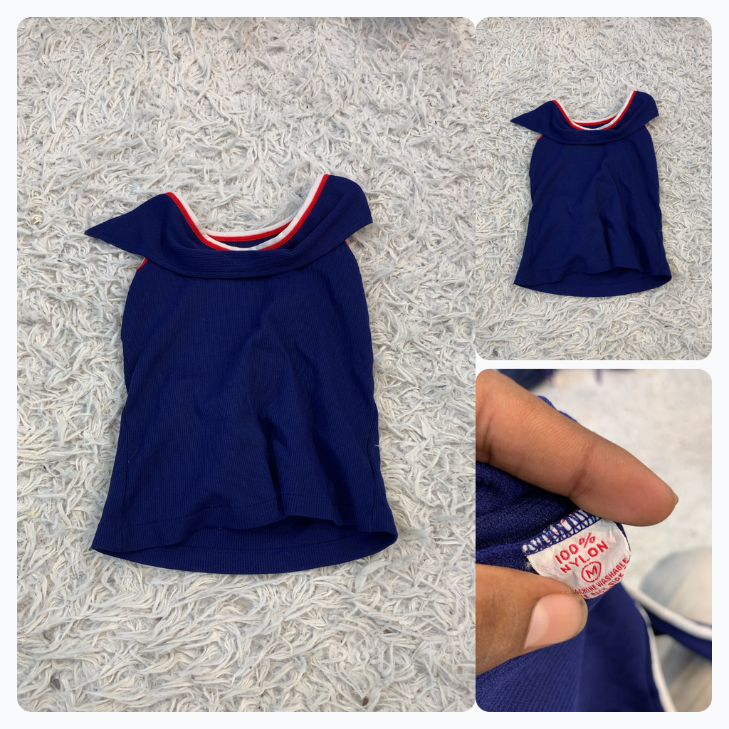 Blue Ribbed Tank Top with White and Red Trim