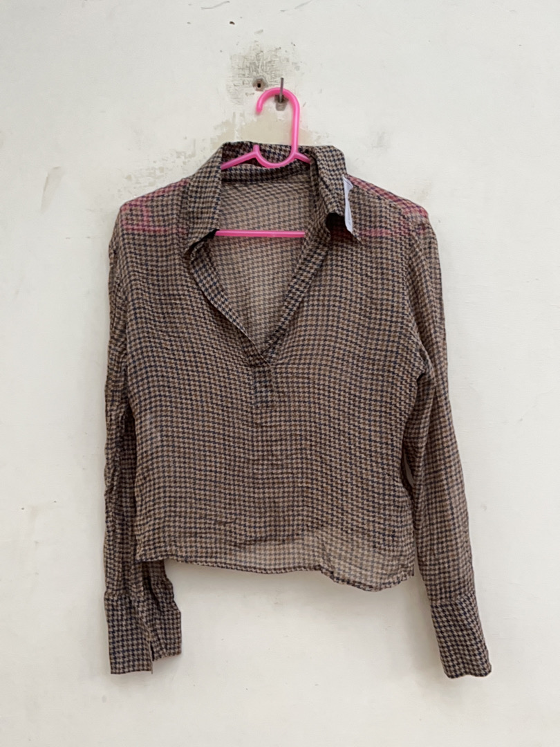 Blusa de Manga Longa Transparente Xadrez