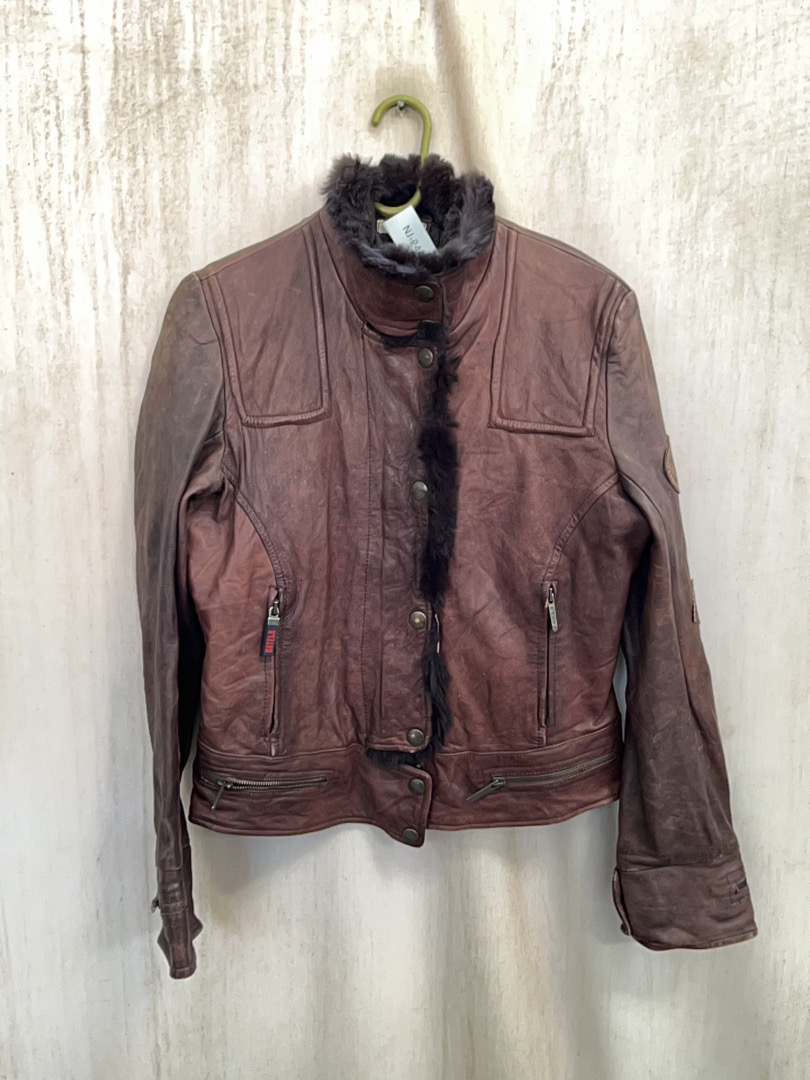 Jaqueta de Couro Marrom com Gola de Pele