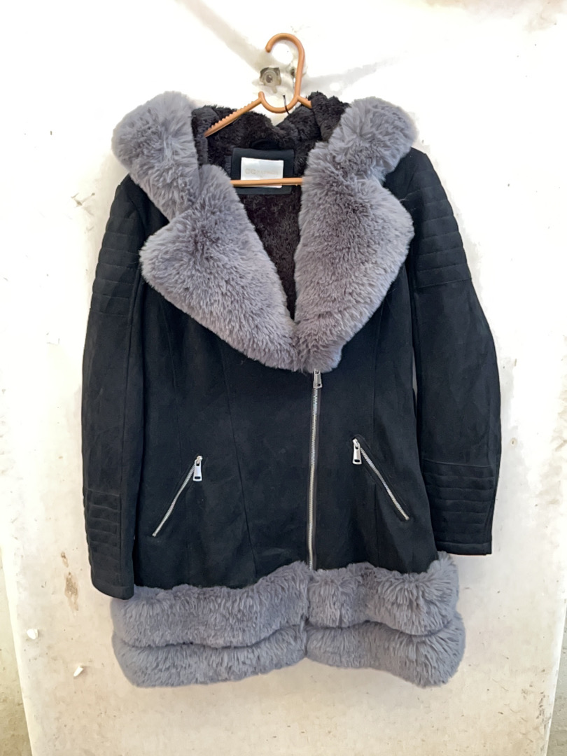 Unbranded Black Faux Leather Hooded Jacket with Gr..