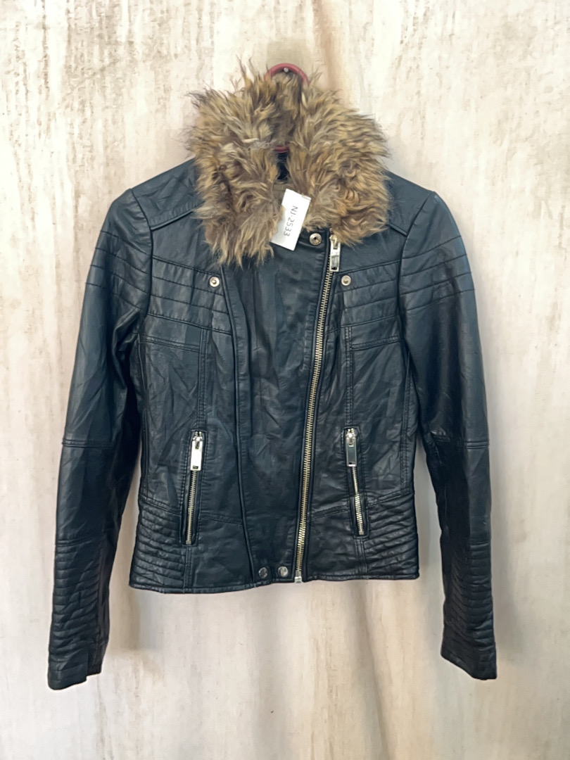 F&F Black Faux Leather Jacket with Fur Collar