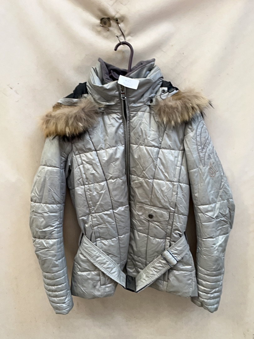 Silver Puffer Jacket with Fur Trim