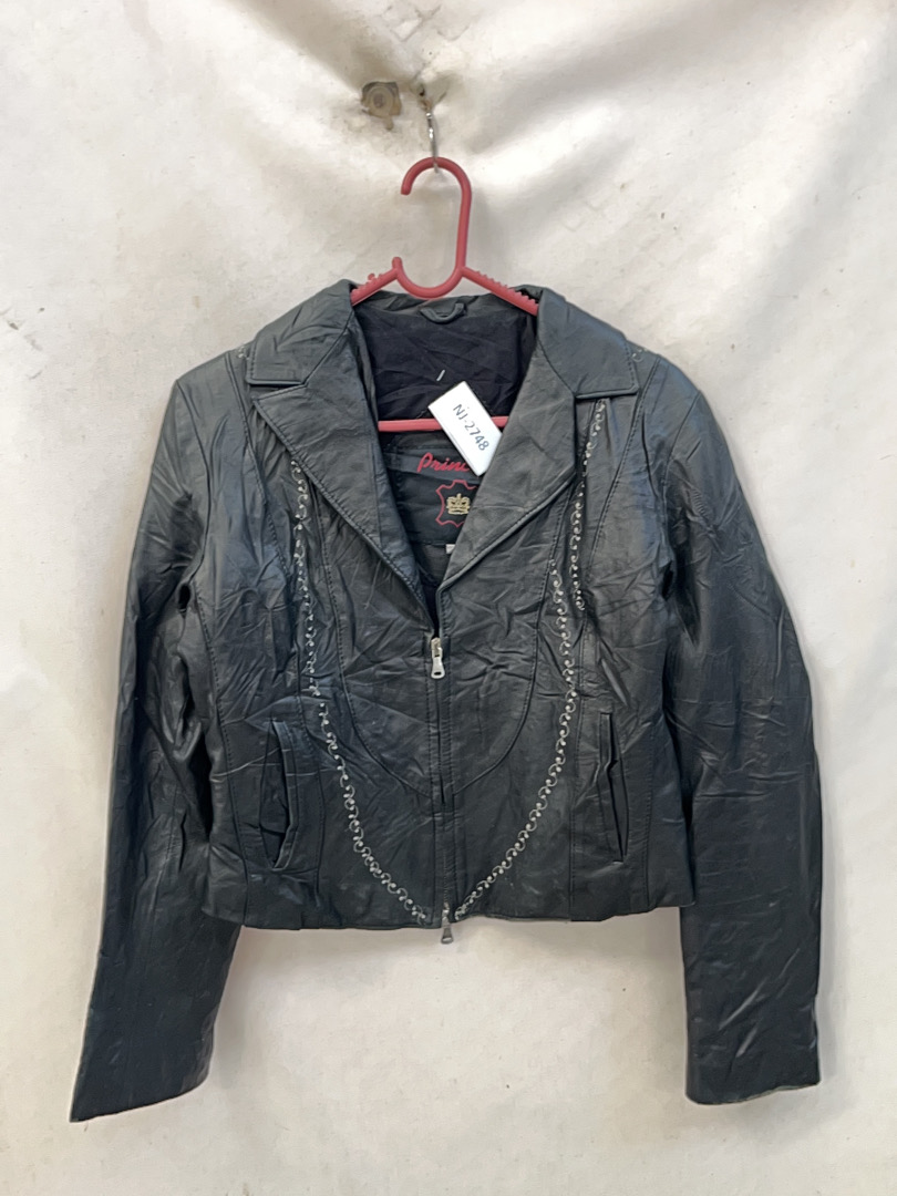Black Leather Jacket with Chain Details