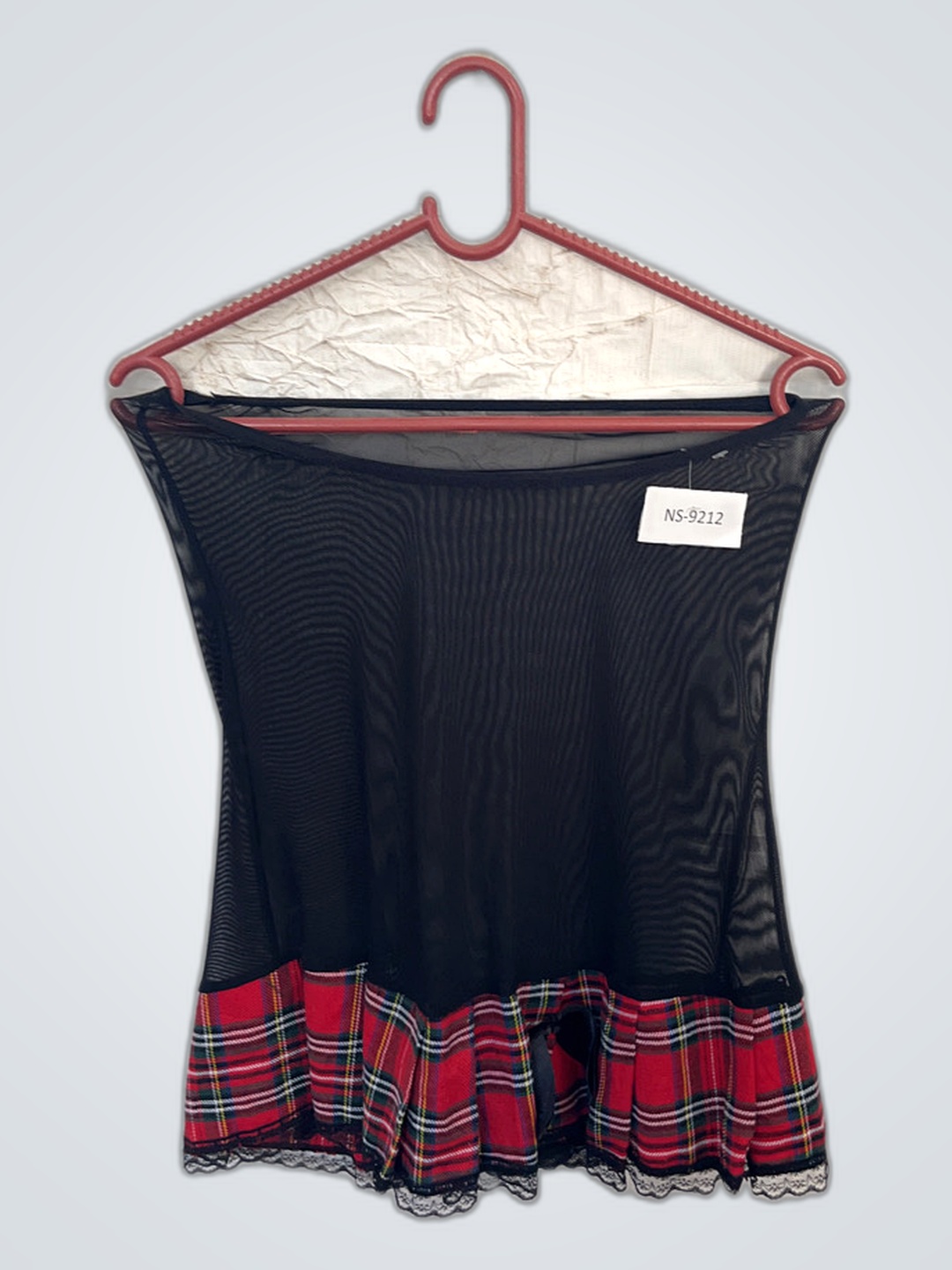 Black Mesh Top with Plaid Hem
