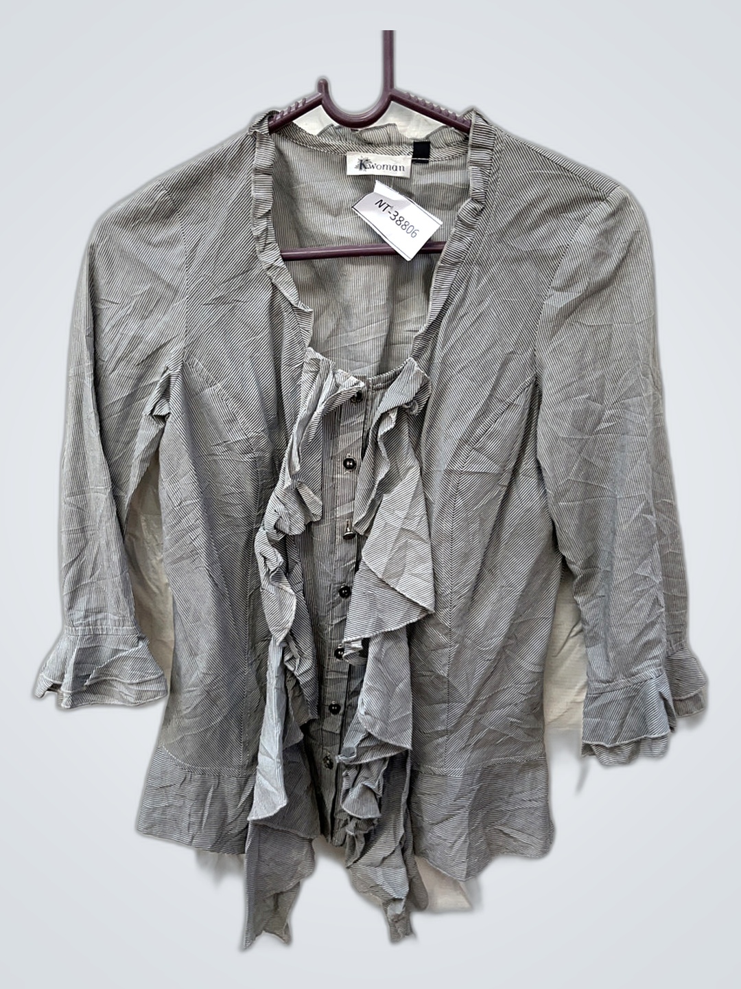 Kwoman Gray Striped Ruffled Blouse