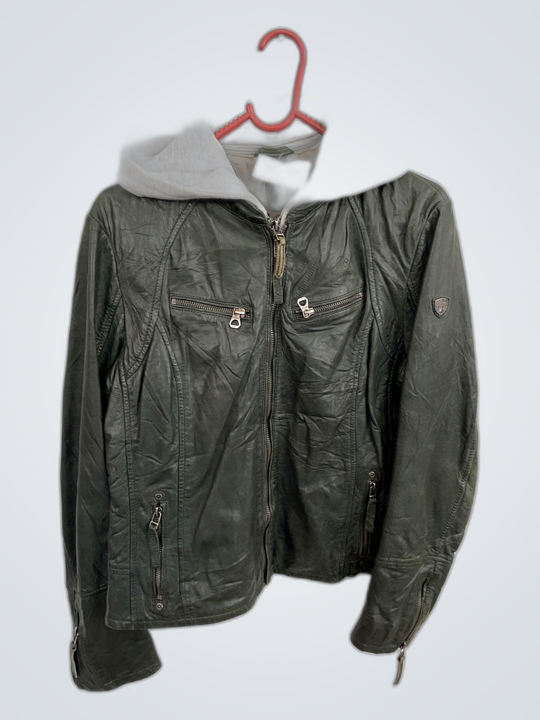 Leather Jacket with Gray Hood