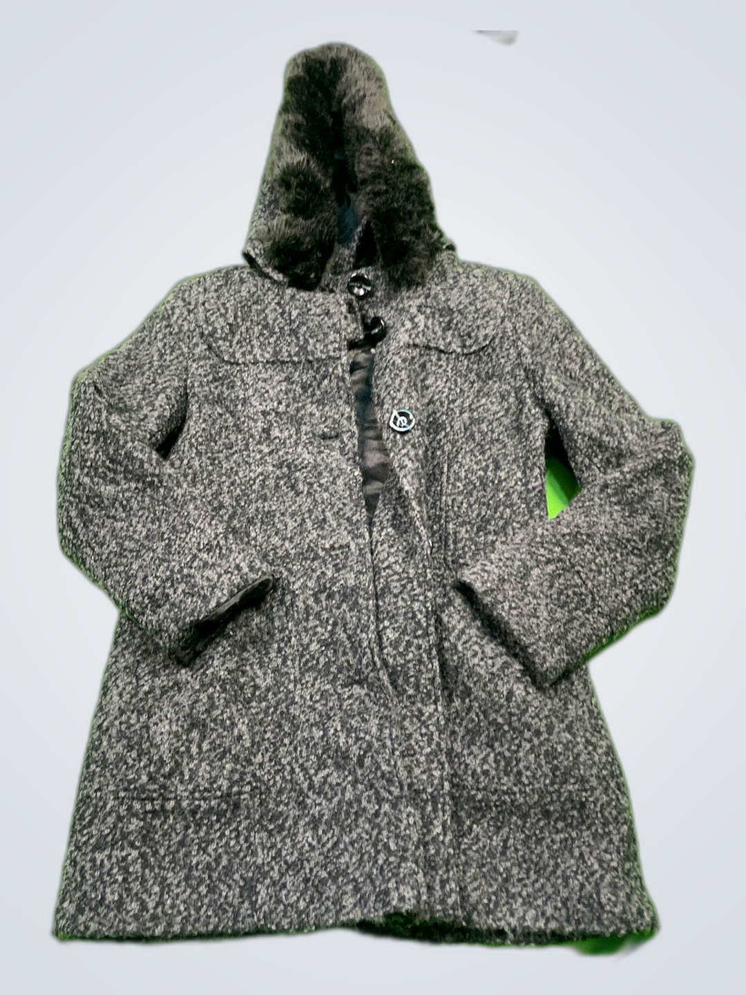 Gray Wool Coat with Fur-Lined Hood