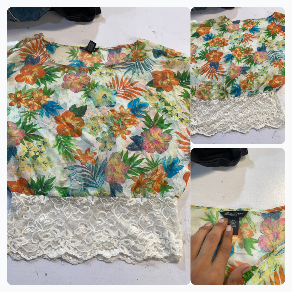 Floral Print Top with Lace Trim
