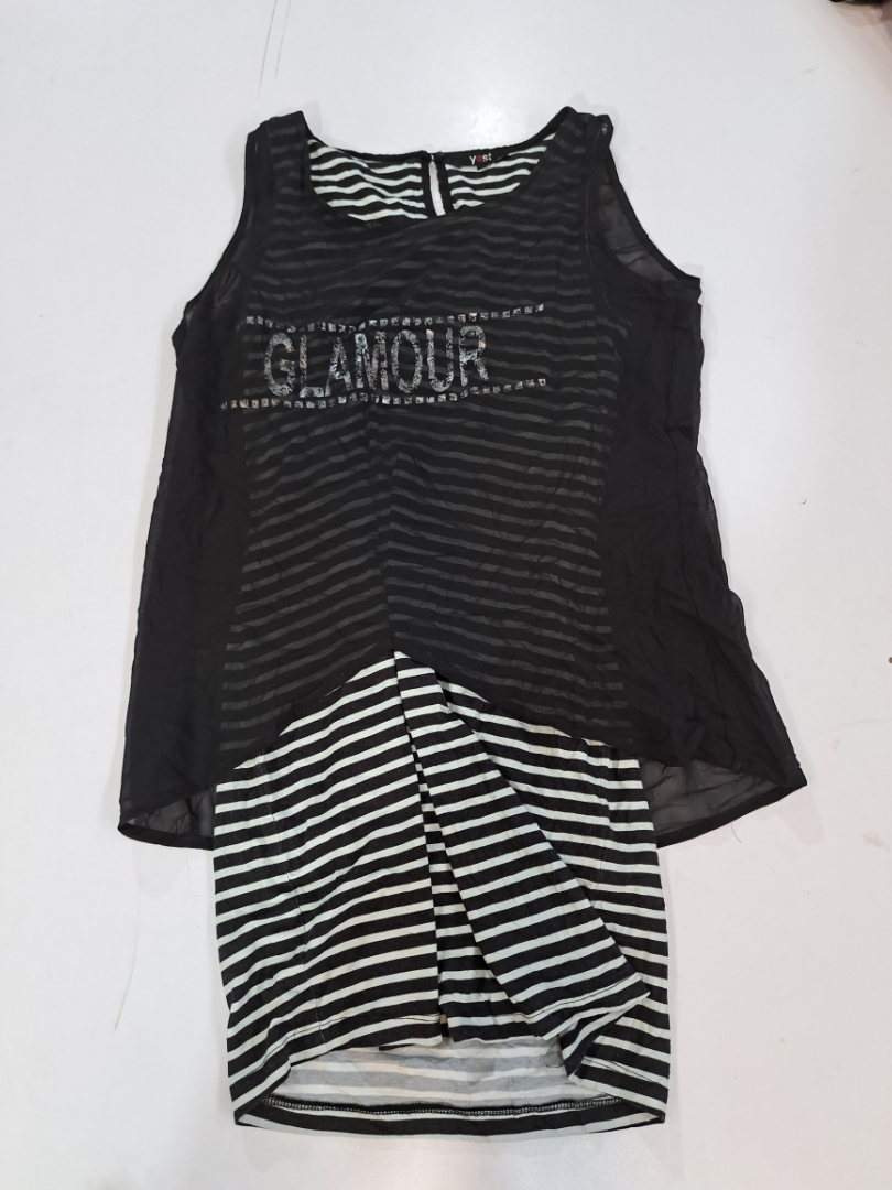 Black and White Striped Dress with 'Glamour' Embel..