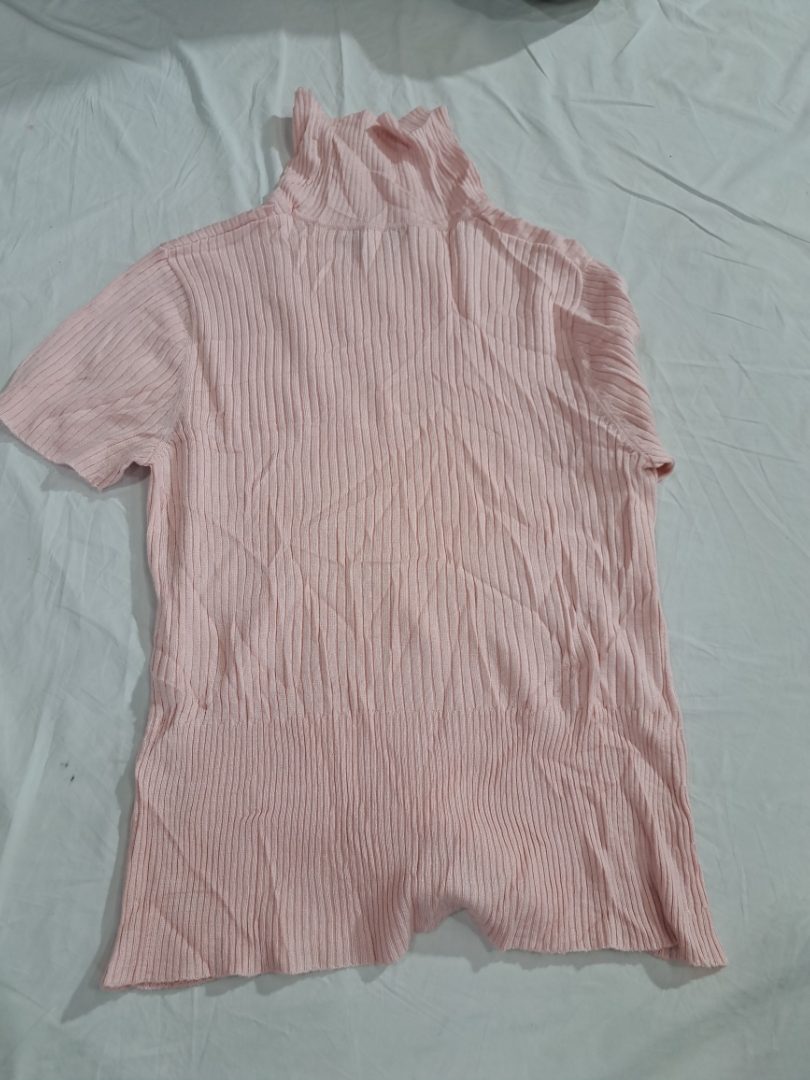 Pink Ribbed Turtleneck Short Sleeve Top