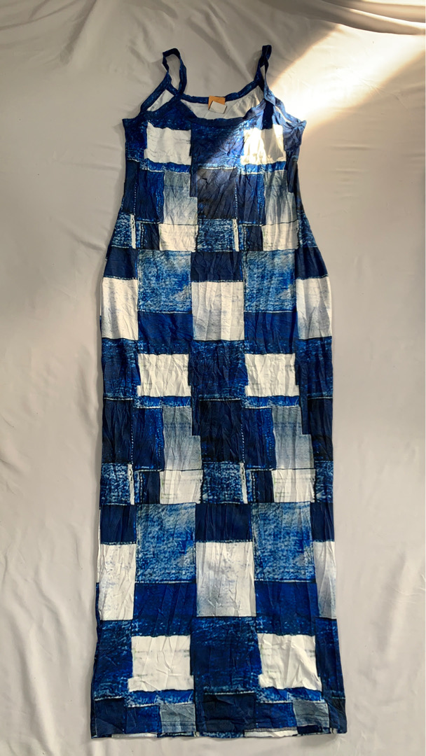 Blue and White Patchwork Maxi Dress