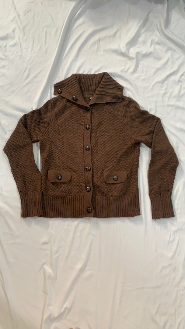 Brown Knit Button-Up Cardigan with Pockets