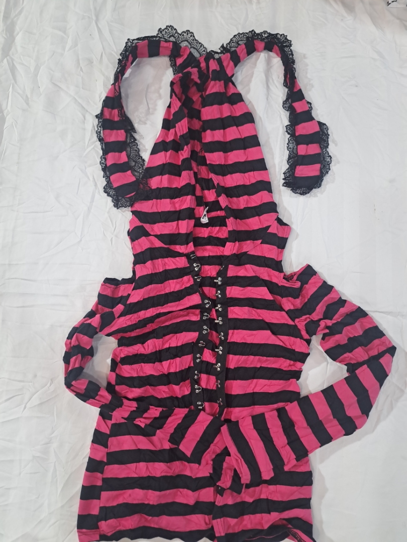 Striped Hooded Dress with Lace Trim