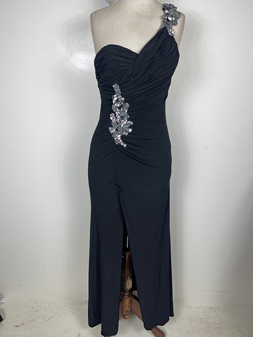 Betsy & Adam Black One-Shoulder Jumpsuit with Sequ..