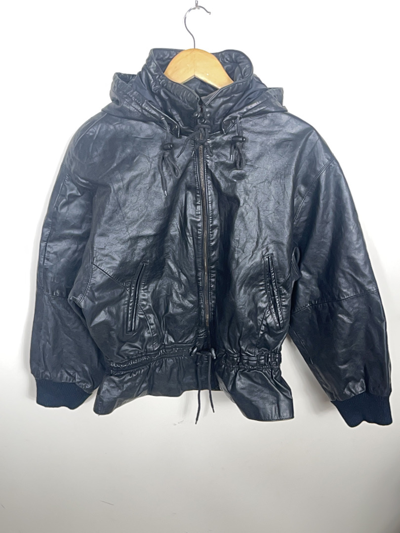 Byrnes & Baker schwarze Lederjacke mit Kapuze