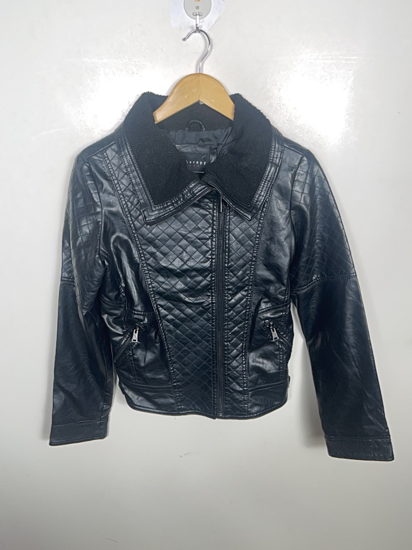 Black Quilted Faux Leather Jacket with Fur Collar