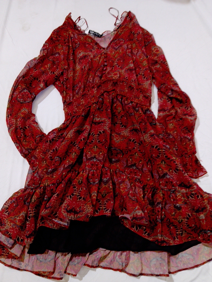 「ザラ レッド プリント ロングスリーブ ミニドレス」