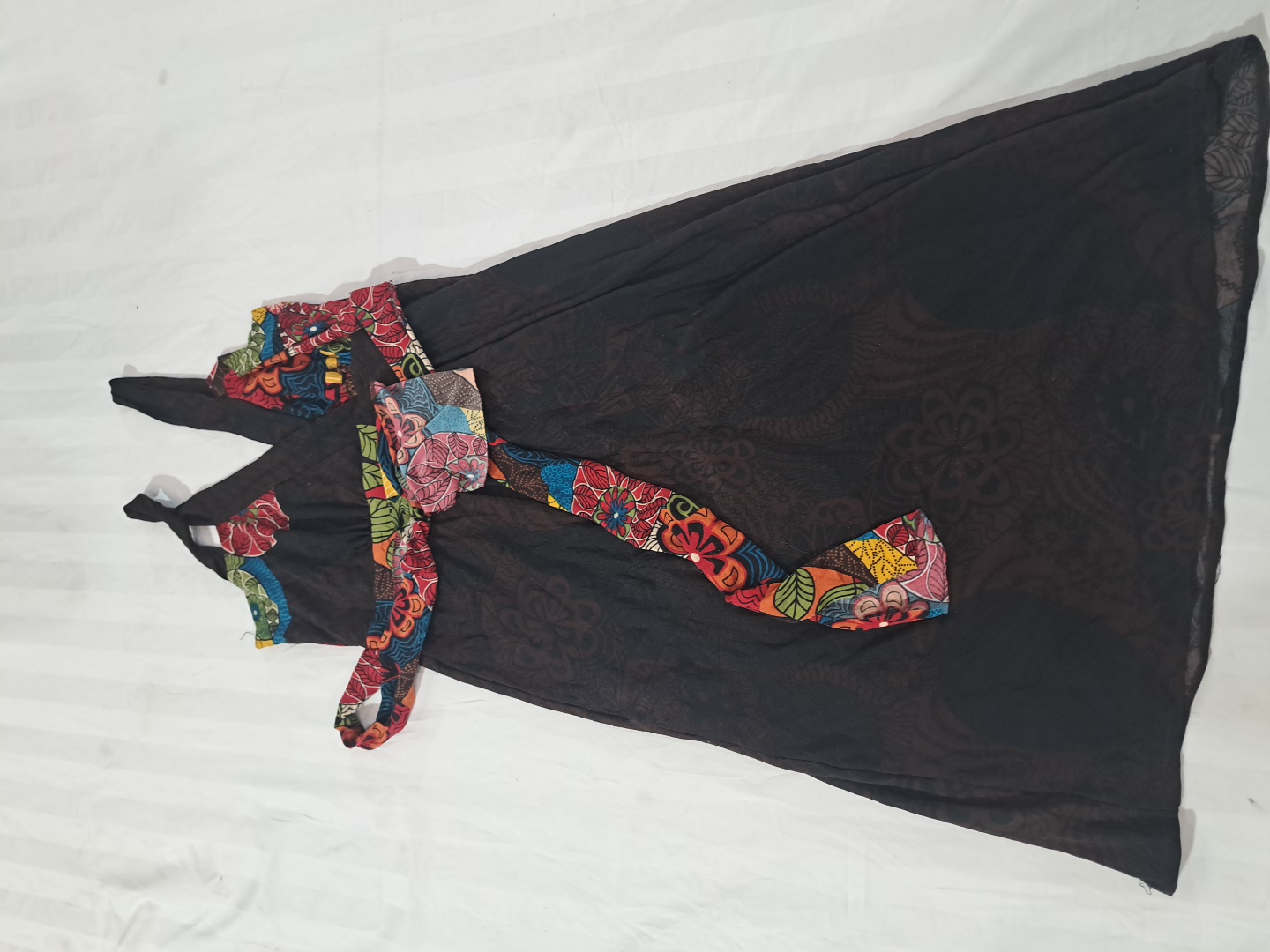 Black Boho Midi Dress with Multicolor Floral Sash
