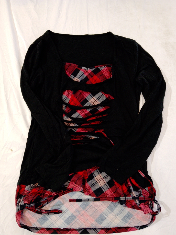 Black Long-Sleeve Top with Plaid Accents