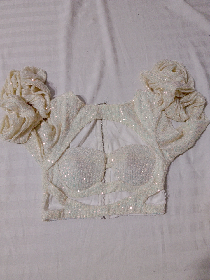 Sequined Crop Top with Floral Accents