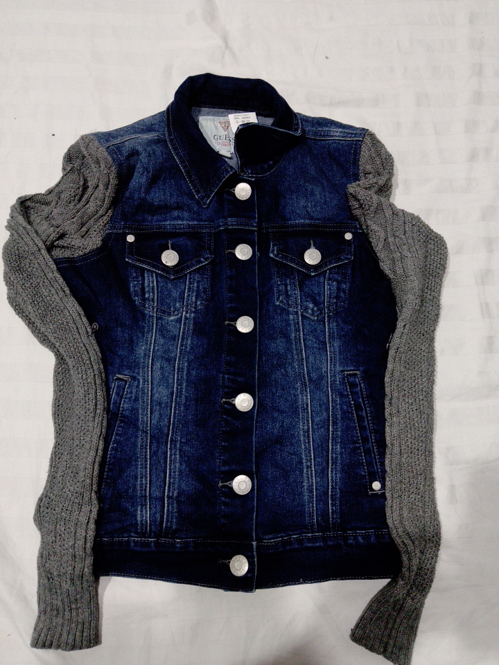 Denim Jacket with Knit Sleeves