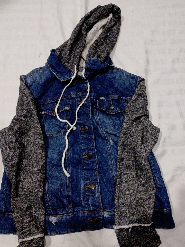 Denim Jacket with Gray Hooded Sleeves